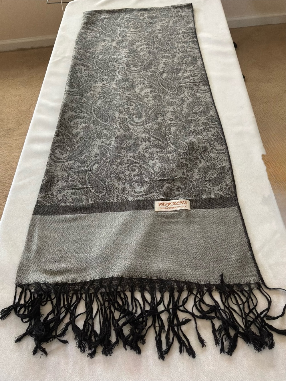 pashmina Black & Silver Paisley Fringe Shawl